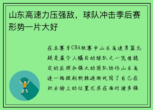 山东高速力压强敌，球队冲击季后赛形势一片大好